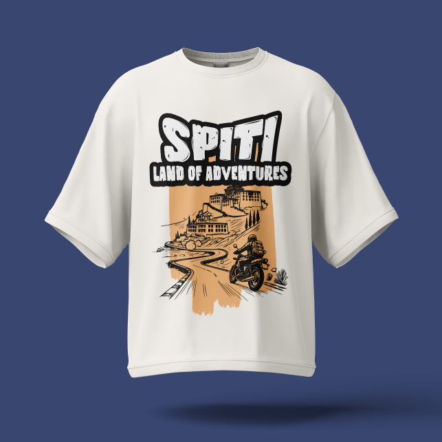 Spiti Land of Adventures t-shirt graphic winding road biker monastery design India