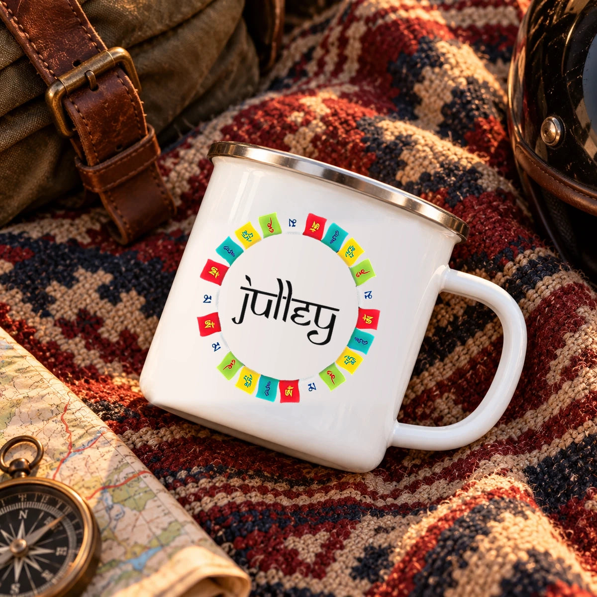 Spiti Tibetan prayer flags enamel camping mug angled on traditional patterned rug beside motorcycle touring accessories