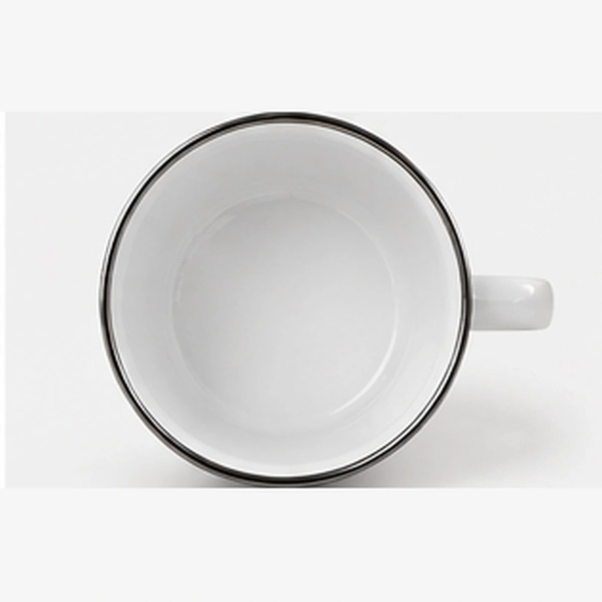Top view of 300 ml white enamel mug with clean white interior and stainless steel rim