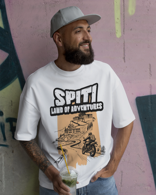 Spiti Valley Land of Adventures oversized t-shirt white biker travel graphic lifestyle India