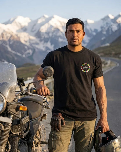 Spitified oversized t-shirt with Julley chest badge on rider in Spiti Valley