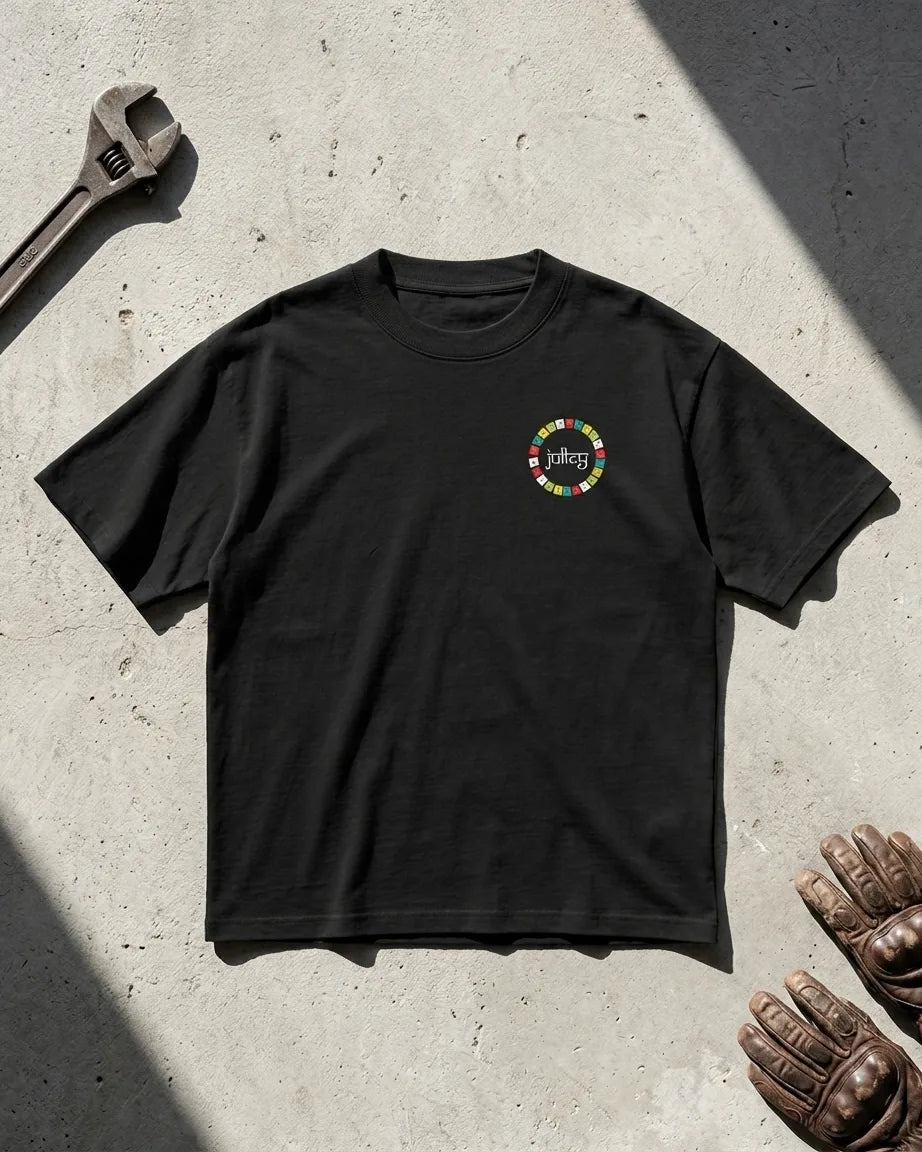 Spitified oversized t-shirt black flat lay with Julley chest print