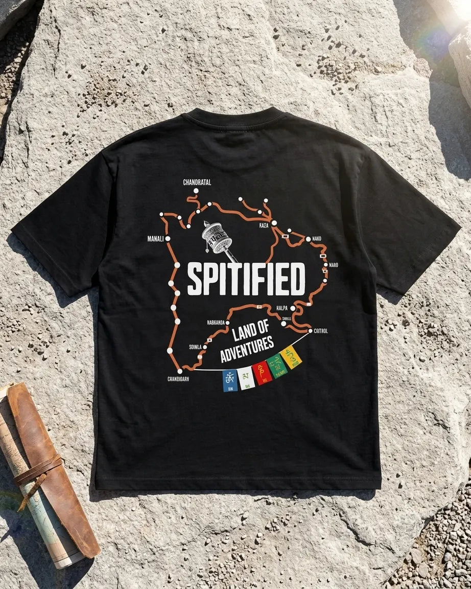 Spitified oversized t-shirt black flat lay back print Spiti Valley loop map