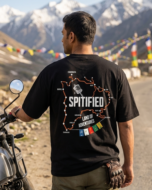 Spitified oversized t-shirt back print Spiti Valley loop map with Manali Kaza Chandratal waypoints