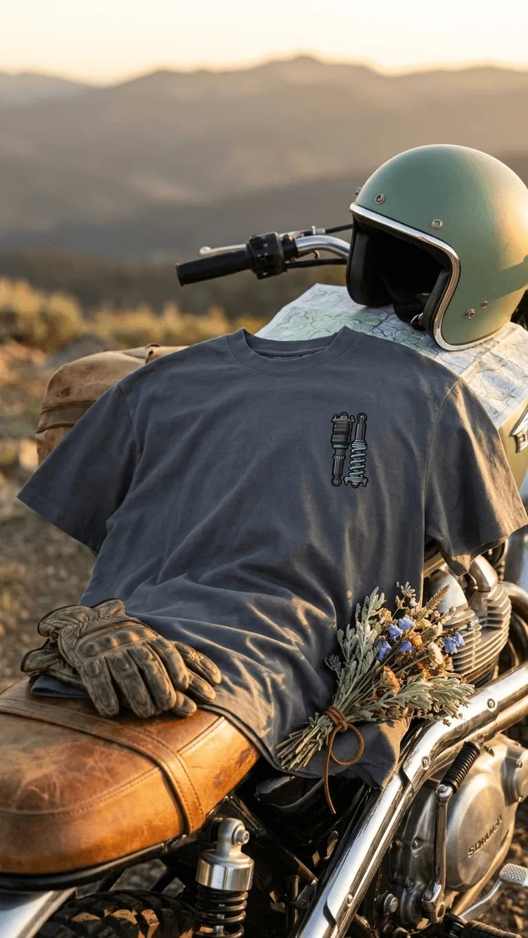 Stance Outlaws coilover tee on cafe racer motorcycle with vintage open-face helmet, leather gloves and map at sunset
