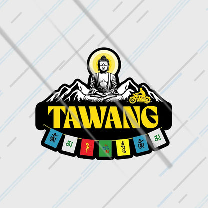 Tawang Arunachal Pradesh sticker 3 inch with Buddha, Himalayan peaks, motorcycle and prayer flags in matte vinyl