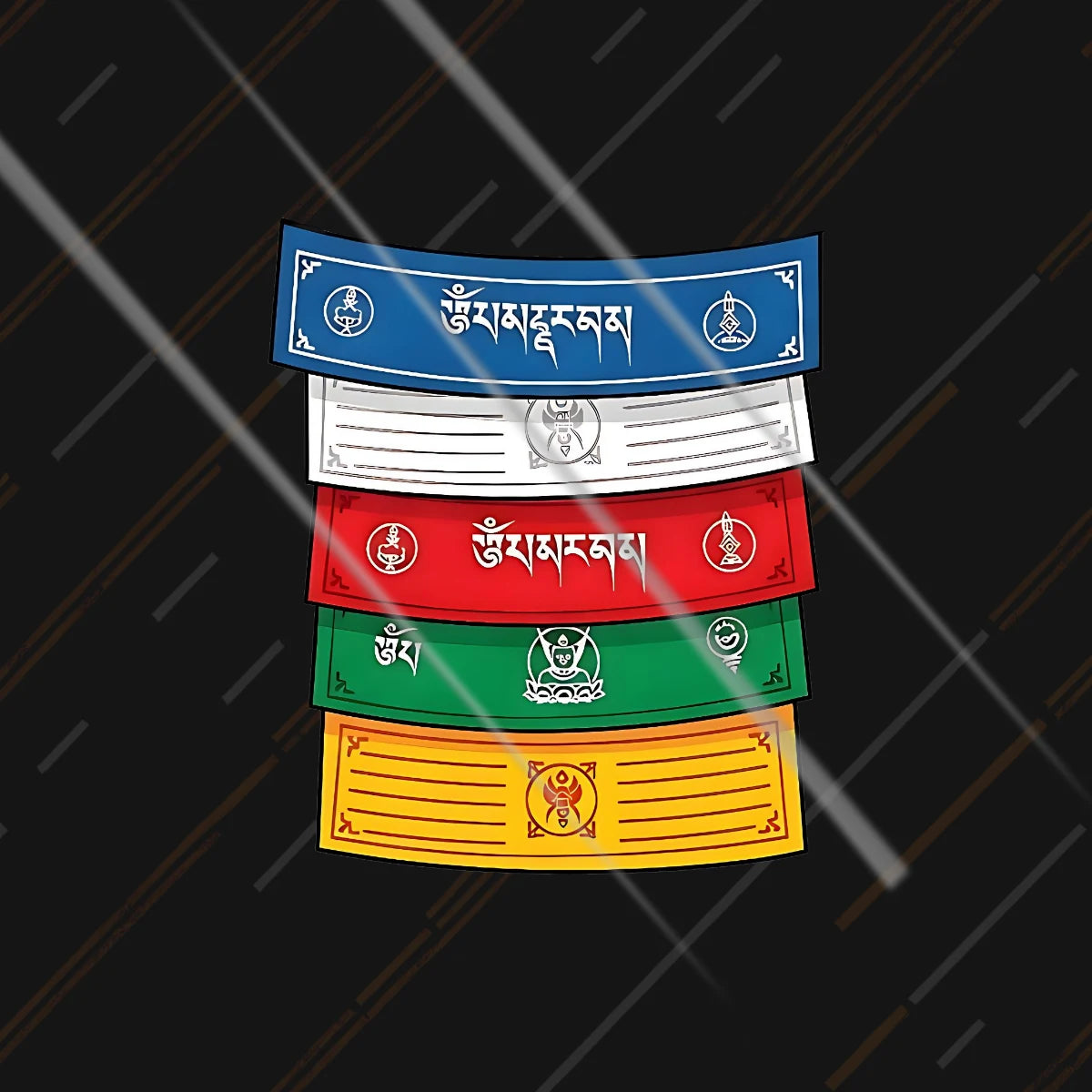 Tibetan prayer flags reflective sticker 3 inch glowing under headlights at night