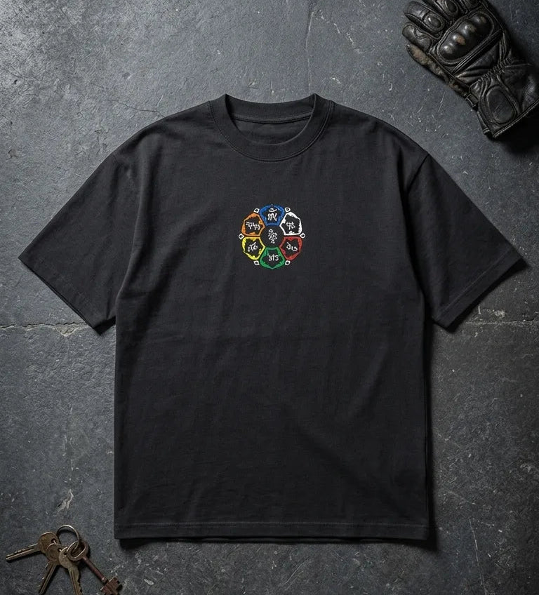 Zanskar oversized t-shirt black flat lay with Om Mani Padme Hum mandala chest print