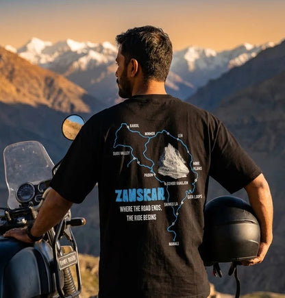 Zanskar oversized t-shirt back print Zanskar Valley route map with Manali Padum Leh waypoints on rider
