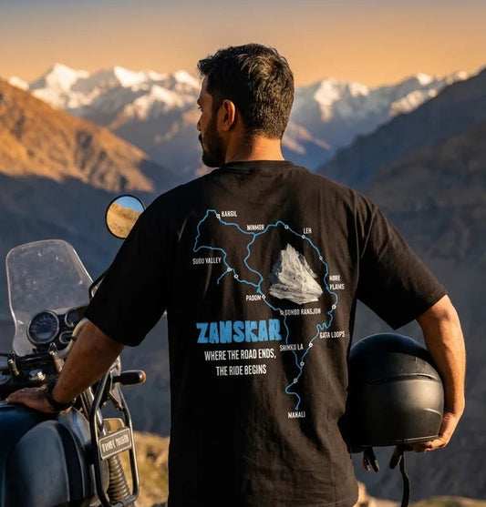 Zanskar oversized t-shirt back print Zanskar Valley route map with Manali Padum Leh waypoints on rider