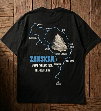 Zanskar oversized t-shirt black flat lay back print route map with Where The Road Ends tagline